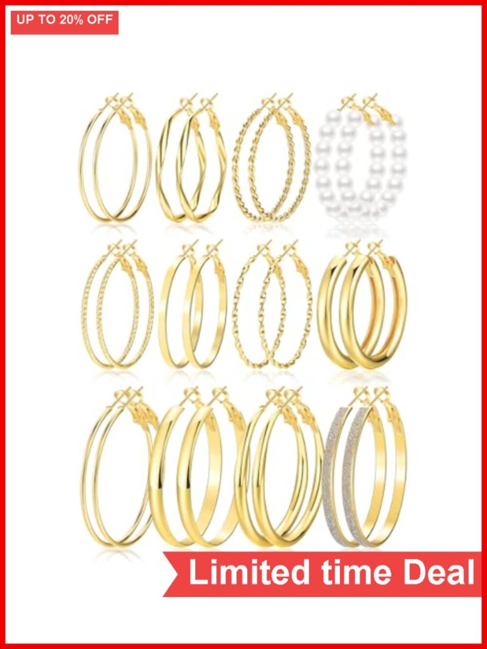 12 Pairs Gold Hoop Earrings Set for Women Hypoallergenic Metal Large 40mm 50mm